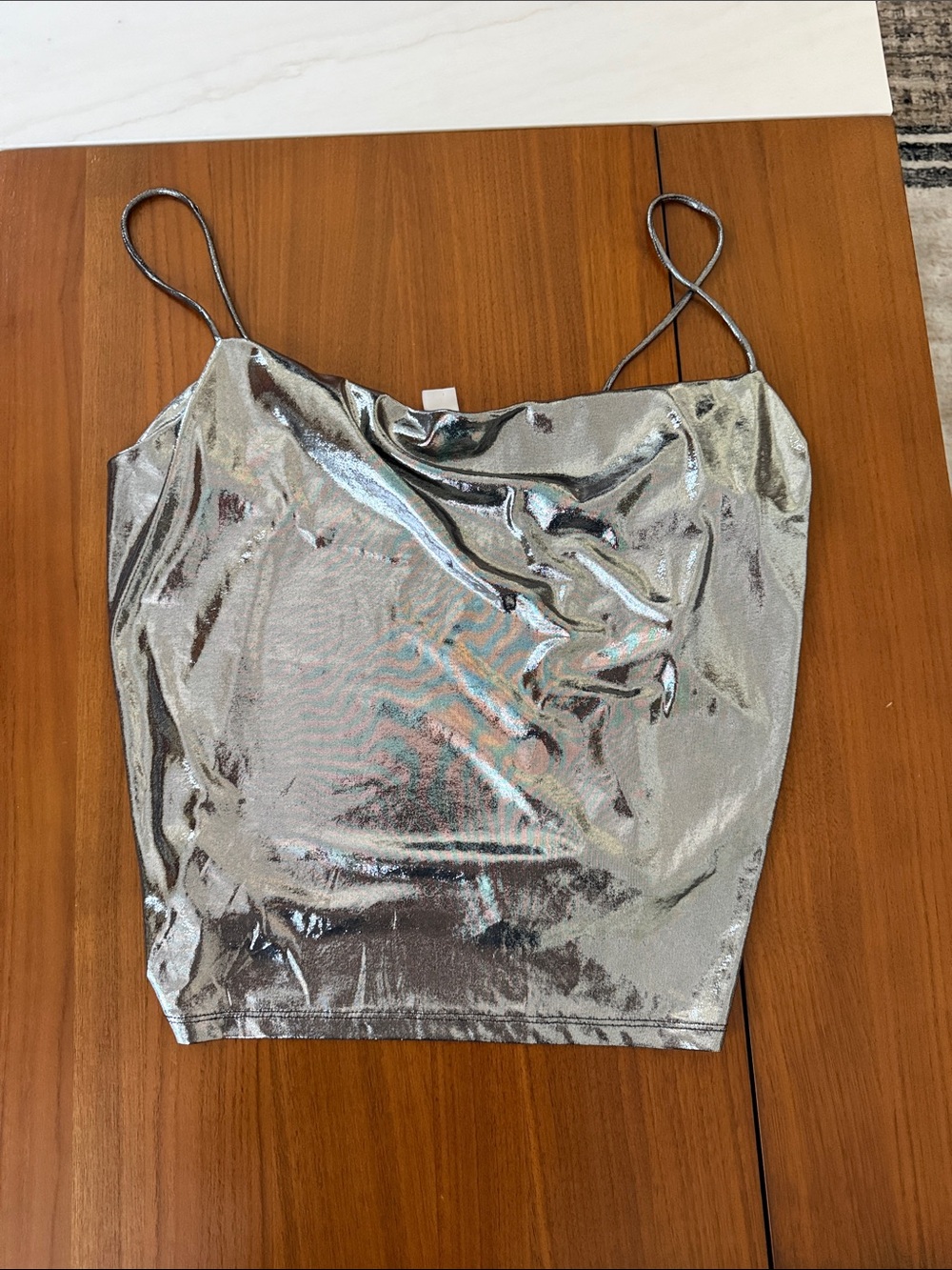 H&M Silver Metallic Cowl Neck Spaghetti Strap Camisole Top